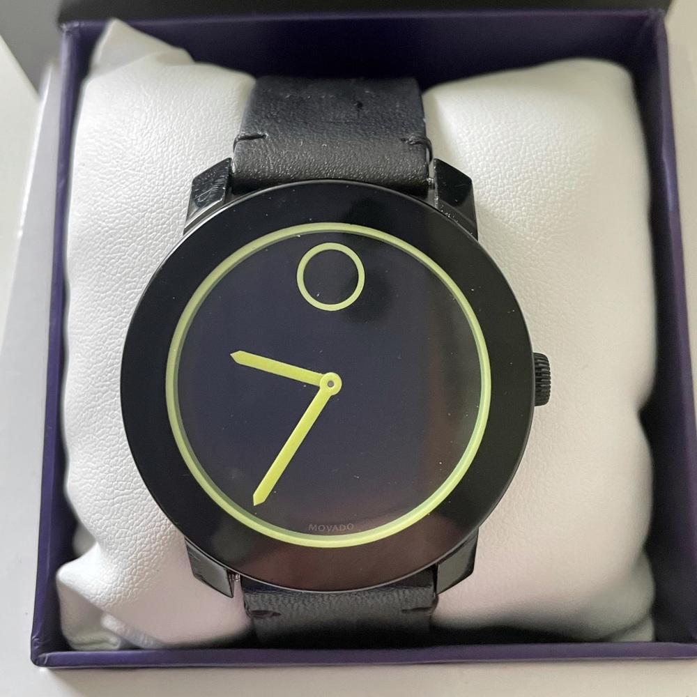 Movado bold black green leather glows in the dark